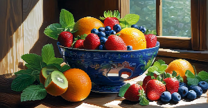 A colorfully arranged bowl of fresh fruits like strawberries, blueberries, oranges, and kiwi on a wooden table with sunlight casting soft shadows.