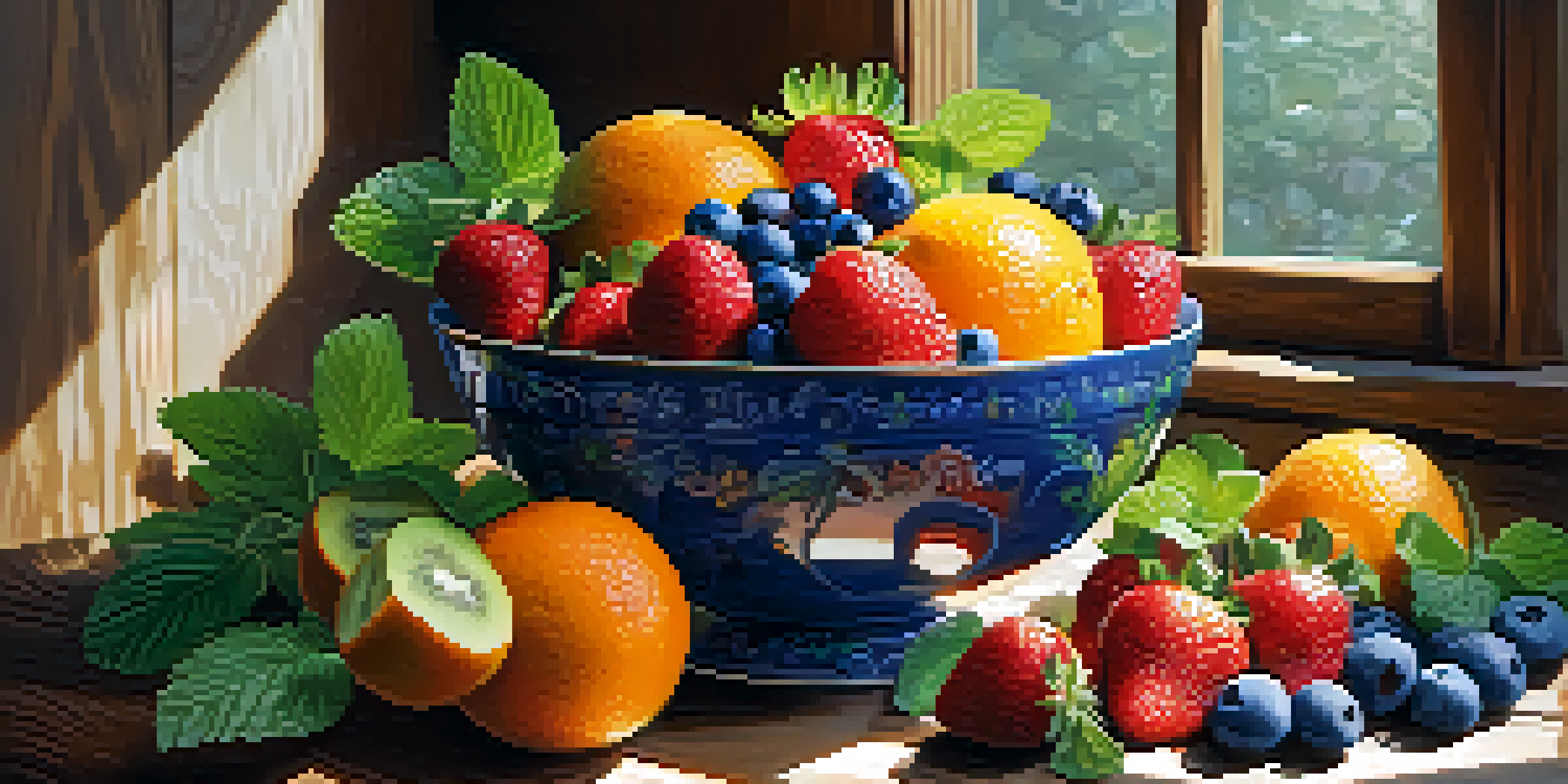 A colorfully arranged bowl of fresh fruits like strawberries, blueberries, oranges, and kiwi on a wooden table with sunlight casting soft shadows.