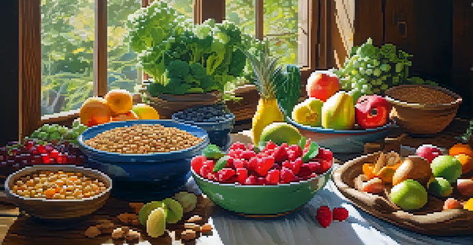 A colorful vegan meal displayed on a wooden table, showcasing fruits, vegetables, legumes, and a bowl of nuts.