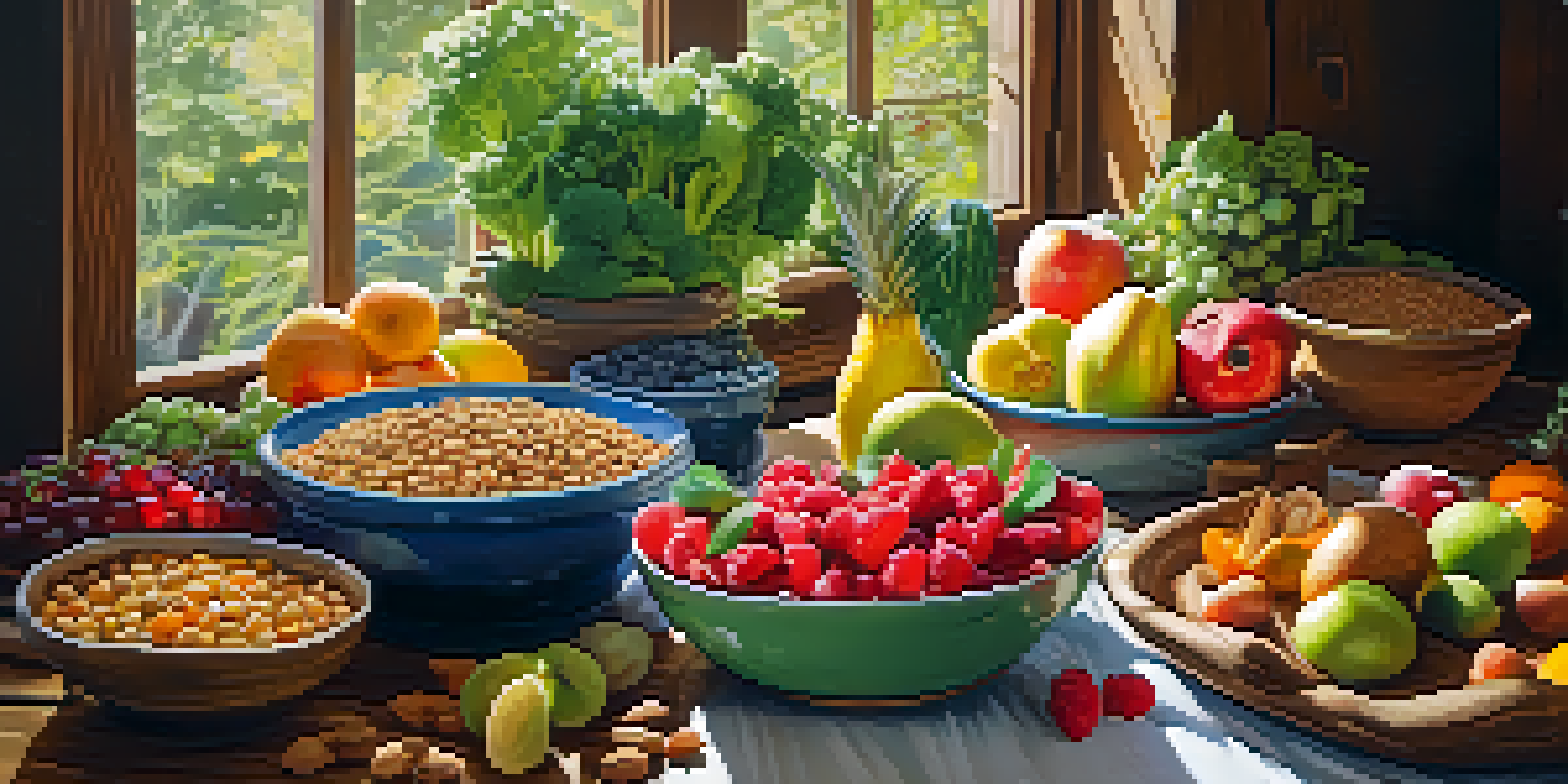 A colorful vegan meal displayed on a wooden table, showcasing fruits, vegetables, legumes, and a bowl of nuts.