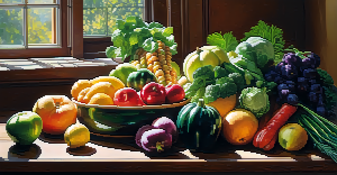 An array of colorful fresh fruits and vegetables on a wooden table, illuminated by sunlight.