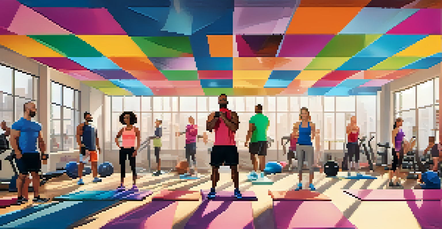 A diverse group of individuals participating in a strength training session in a bright, modern gym.