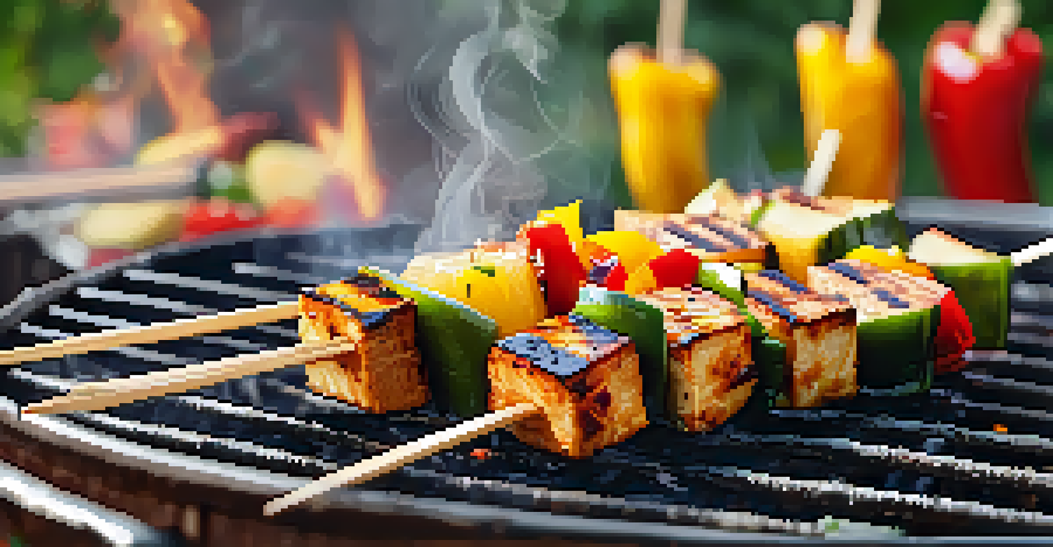 Close-up of sizzling marinated tofu skewers on a grill with visible grill marks, set in a garden barbecue setting.