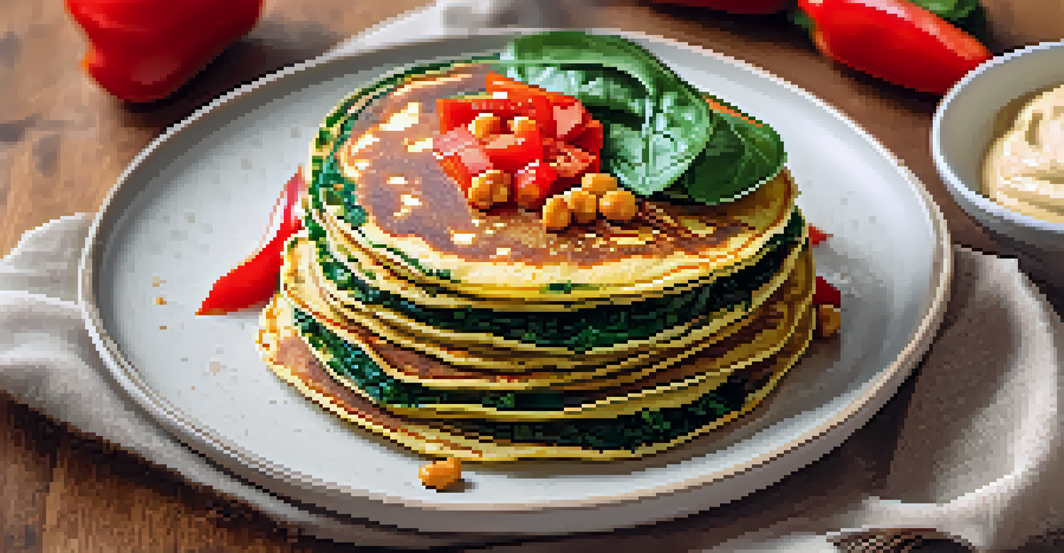A stack of chickpea pancakes topped with vegetables, served with a side of salad and hummus, on a kitchen counter.