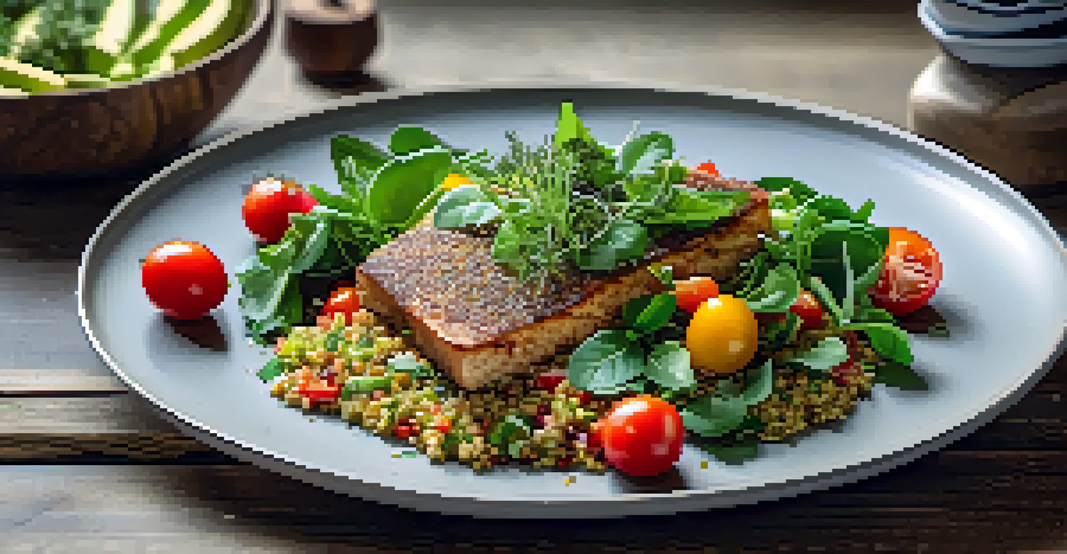 A beautifully plated plant-based meal featuring a quinoa salad on a rustic wooden table, with spices and herbs surrounding the dish.