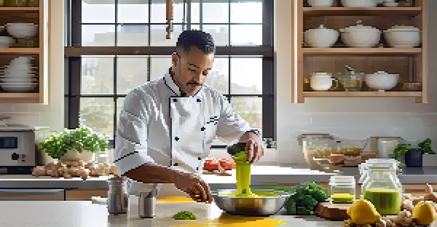 A chef blending ingredients for a vegan sauce in a bright modern kitchen.