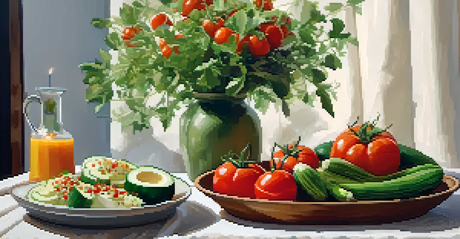 A dining table with a colorful vegan dish and seasonal produce, illuminated by warm candlelight.