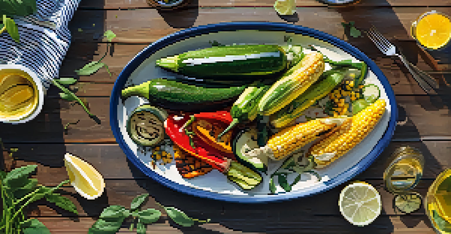 A colorful platter of grilled vegetables garnished with herbs and lemon, presented on a picnic table in an outdoor setting.