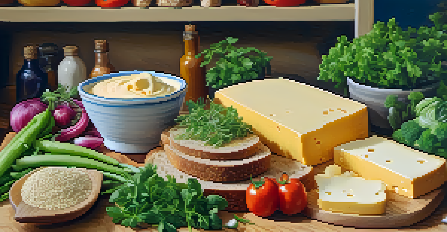 A kitchen scene with vegan cheese spread on whole grain bread, a bowl of nutritional yeast, and colorful vegetables in the background, all illuminated by bright natural light.