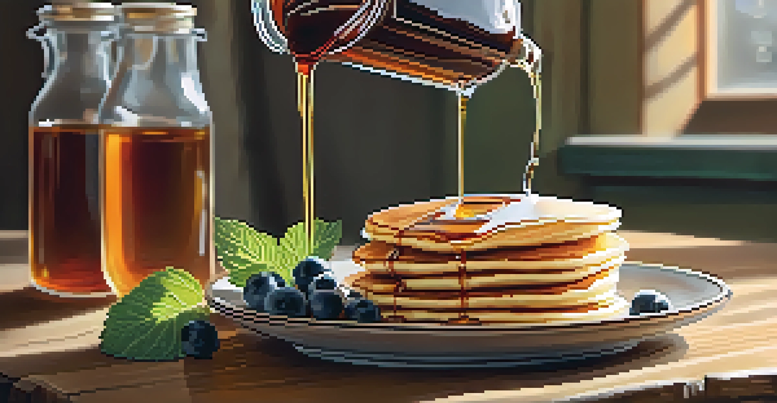 Close-up of maple syrup drizzling over pancakes with fresh berries and mint on a rustic wooden table.
