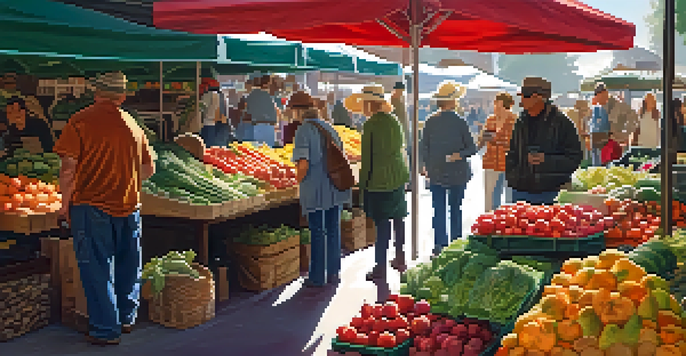 A lively farmers market filled with diverse people shopping for colorful fruits and vegetables under a sunny canopy.
