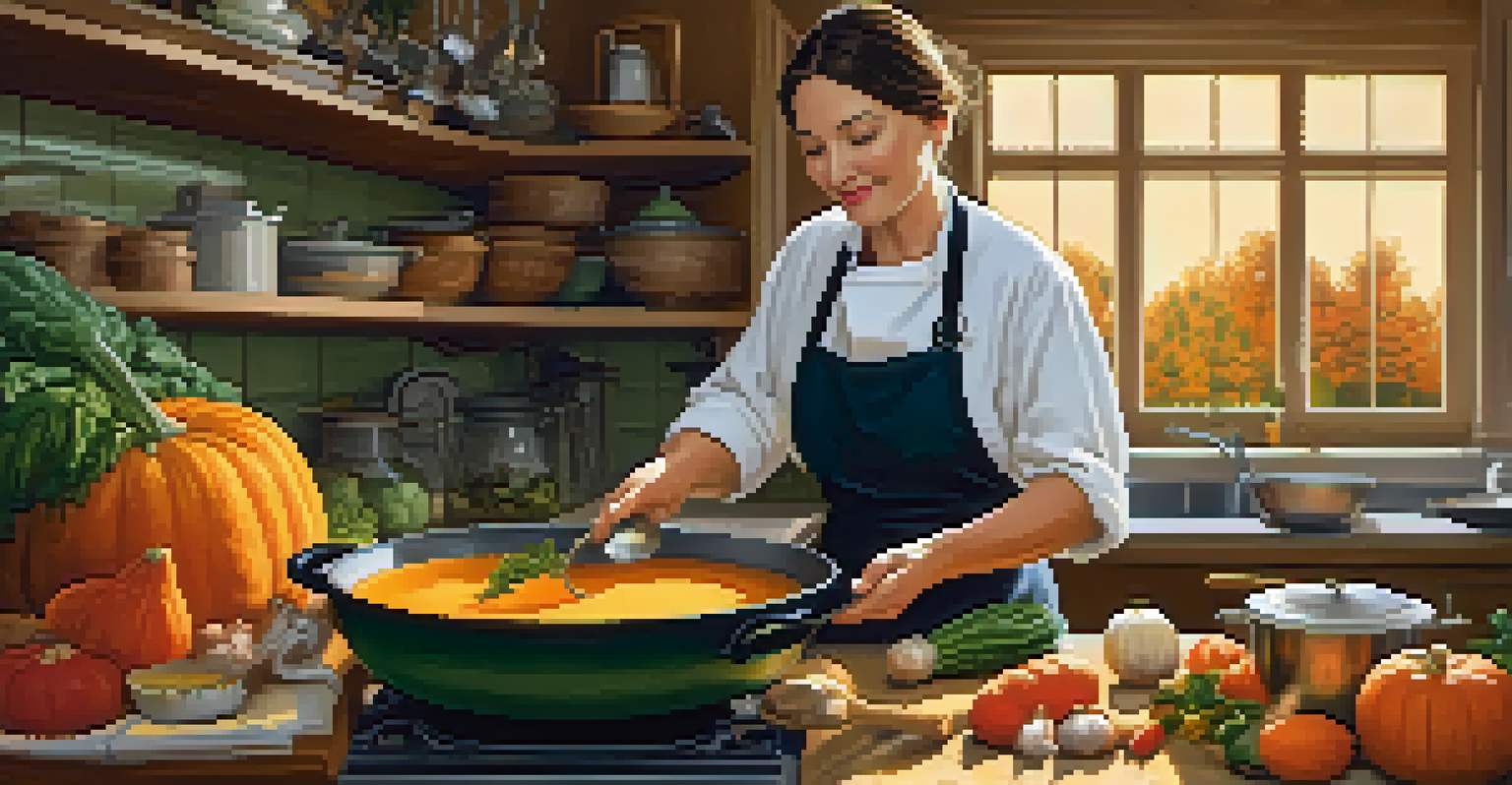 A chef in a cozy kitchen preparing a squash soup with seasonal ingredients, warm light creating a homely atmosphere.