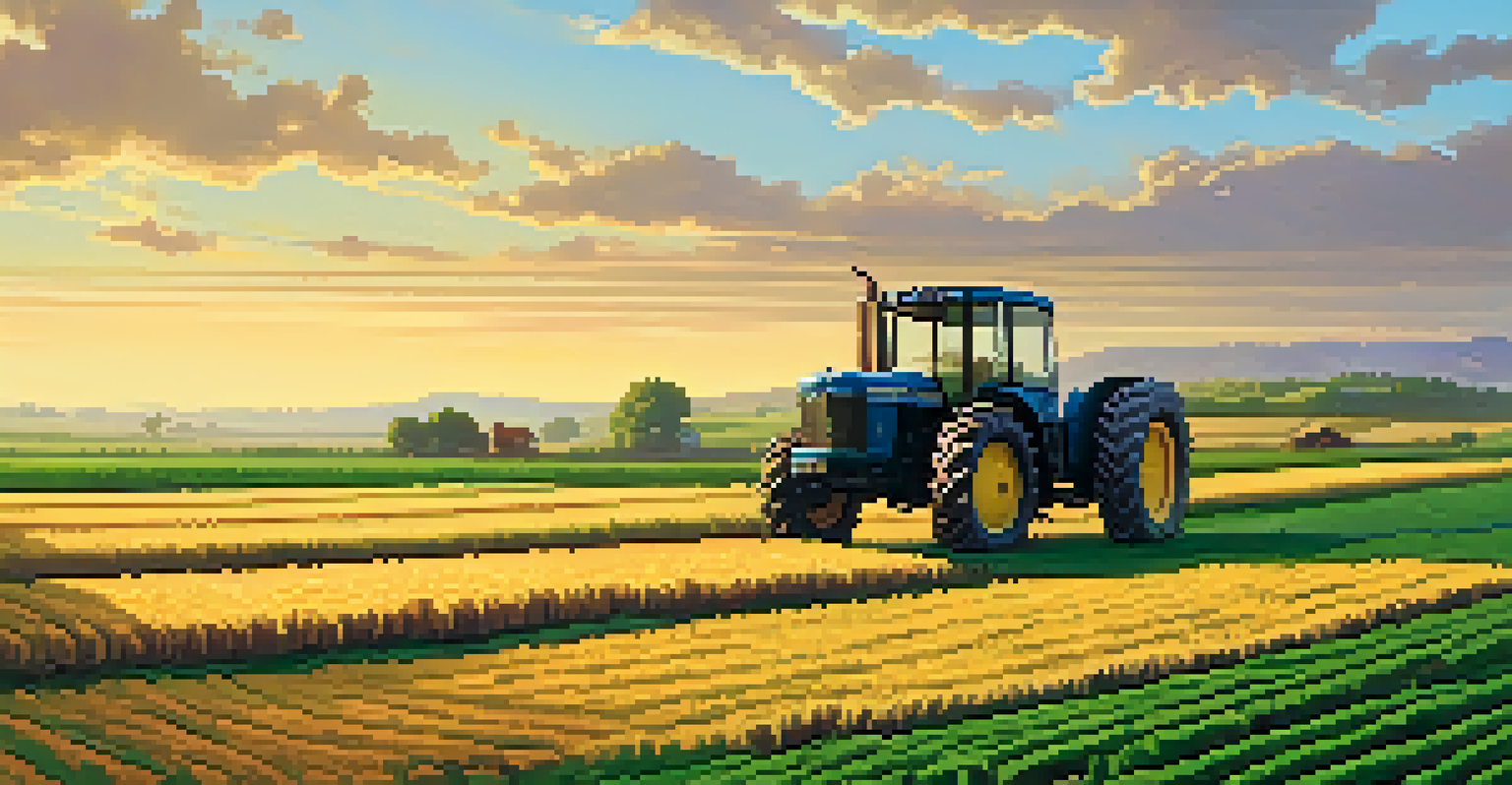 A farmer tending to crops in a lush field at sunset with a vintage tractor in the background.