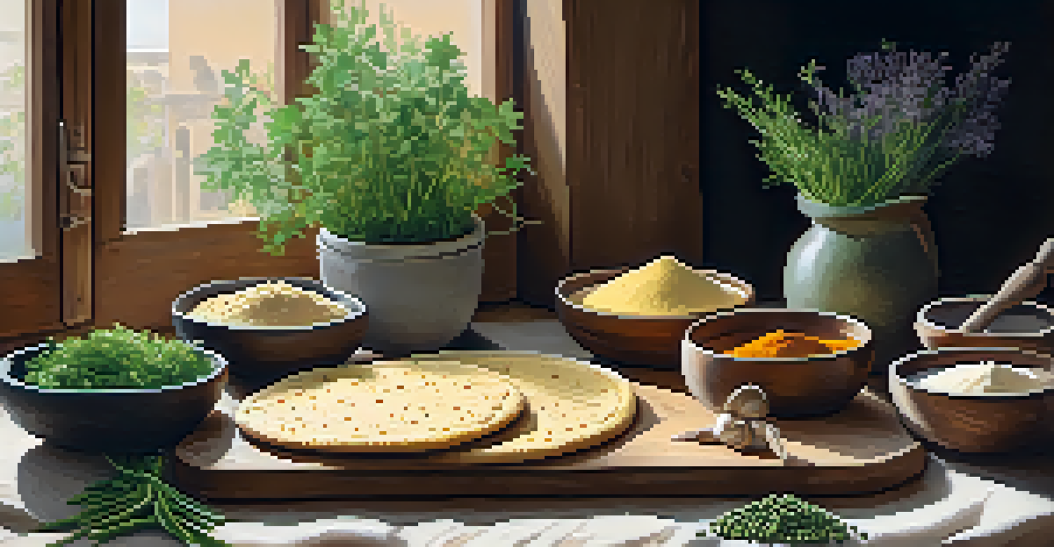 A wooden board with socca flatbread surrounded by bowls of spices and fresh herbs, illuminated by natural light.