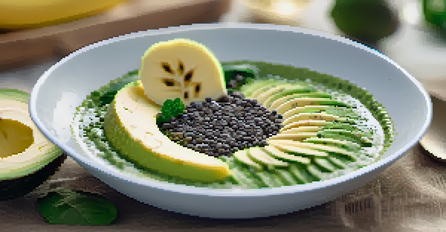 A close-up of a green smoothie bowl with spinach, avocado, banana slices, chia seeds, and flaxseed oil on a linen cloth.