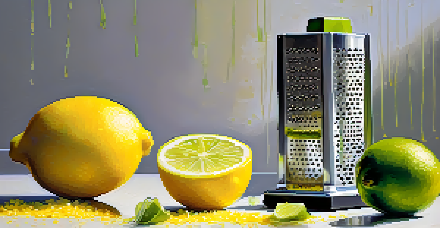 Close-up of grated lemon and lime zest on a microplane grater with citrus fruits in the background.