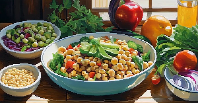 A table filled with a chickpea salad, creamy vegan pasta, and seasonal fruits under soft sunlight.