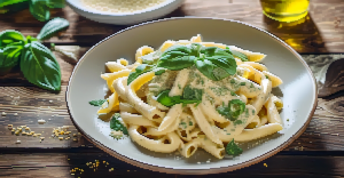 A vegan alfredo pasta dish with creamy sauce, fresh basil, and nutritional yeast on a rustic wooden table.