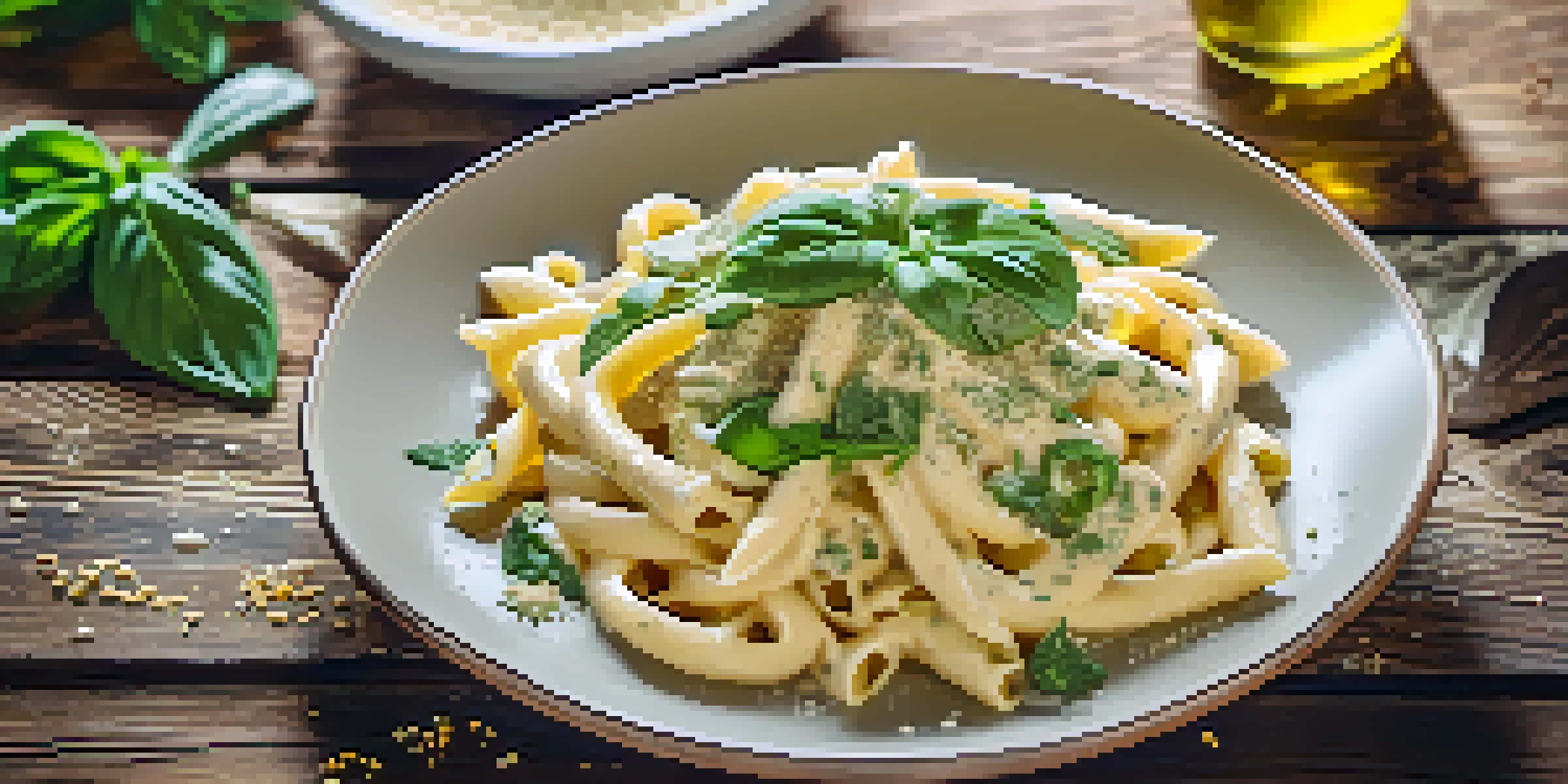 A vegan alfredo pasta dish with creamy sauce, fresh basil, and nutritional yeast on a rustic wooden table.