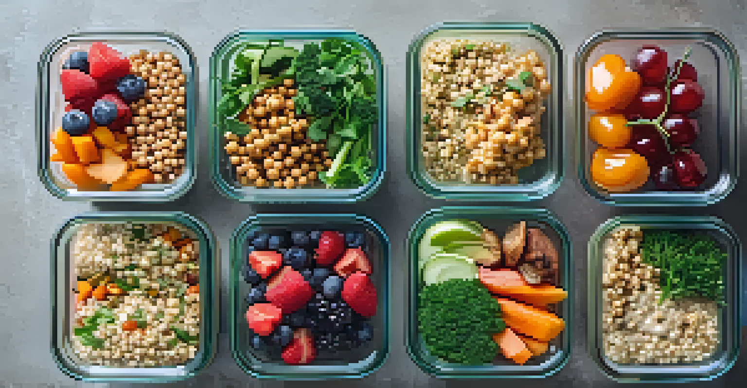 An overhead view of various vegan meals in glass containers, including quinoa, chickpea salad, and overnight oats.