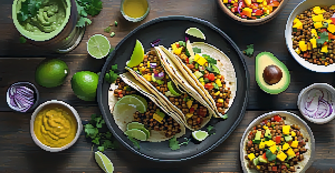 A beautifully arranged platter of vegan tacos with colorful ingredients like lentils, avocado, and mango salsa on a wooden table, illuminated by sunlight.