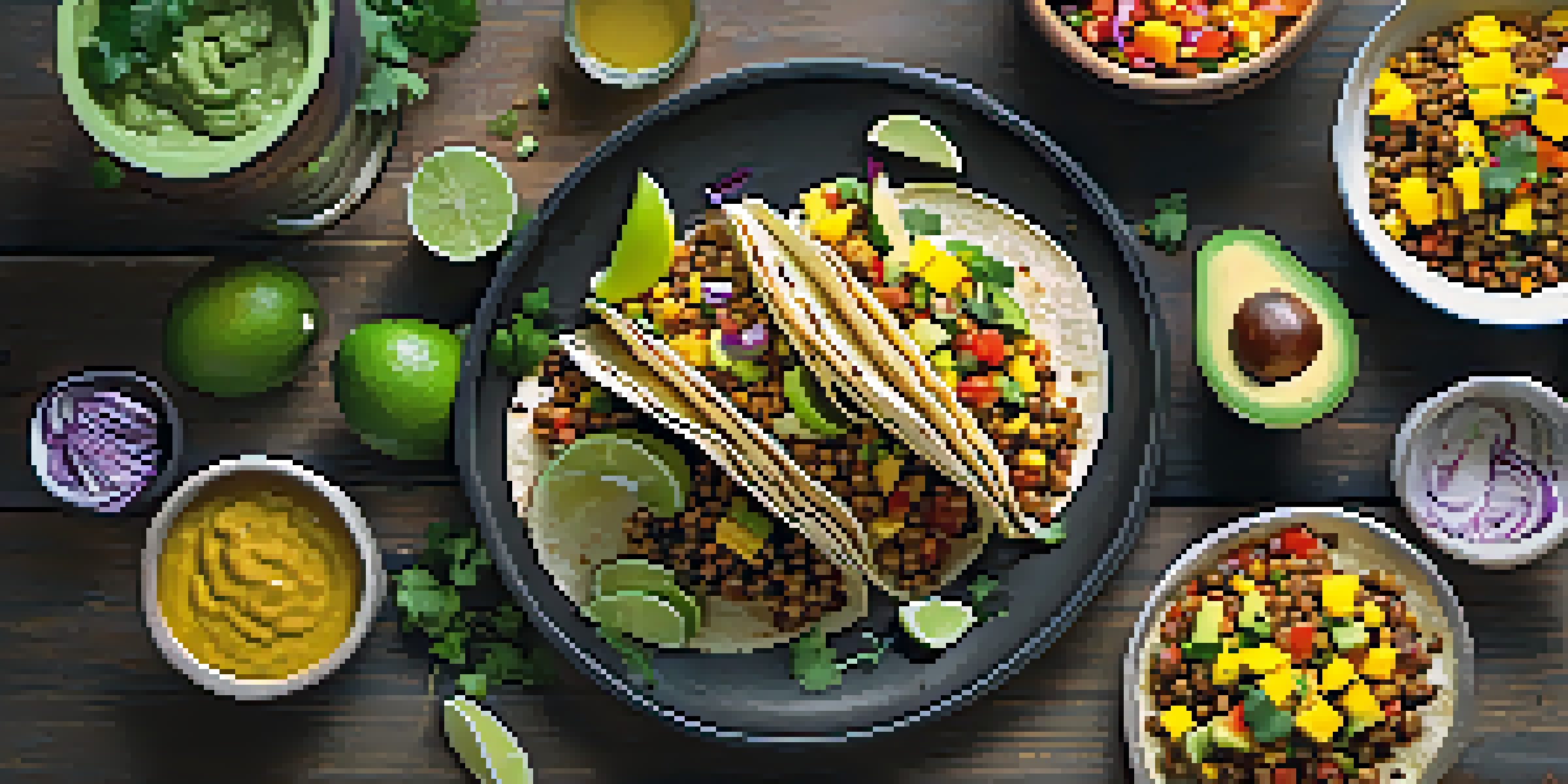 A beautifully arranged platter of vegan tacos with colorful ingredients like lentils, avocado, and mango salsa on a wooden table, illuminated by sunlight.