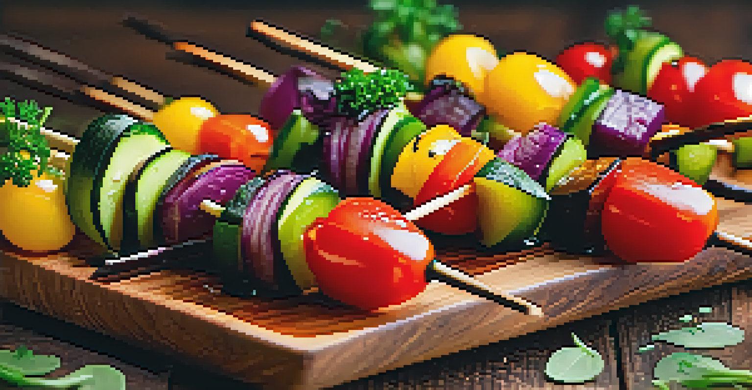 A colorful arrangement of veggie skewers with cherry tomatoes, zucchini, and bell peppers on a wooden platter.