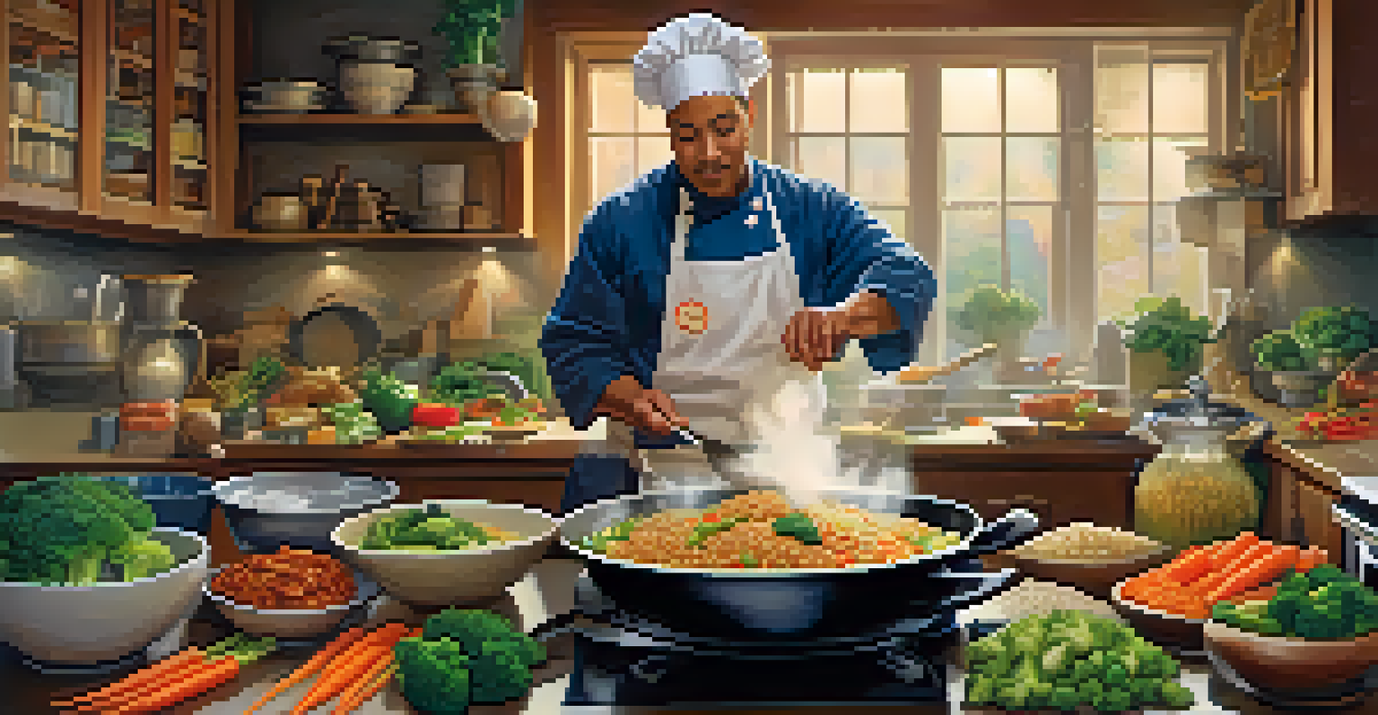 A chef cooking a stir-fry with brown rice and colorful vegetables in a vibrant kitchen, with steam rising from the skillet.