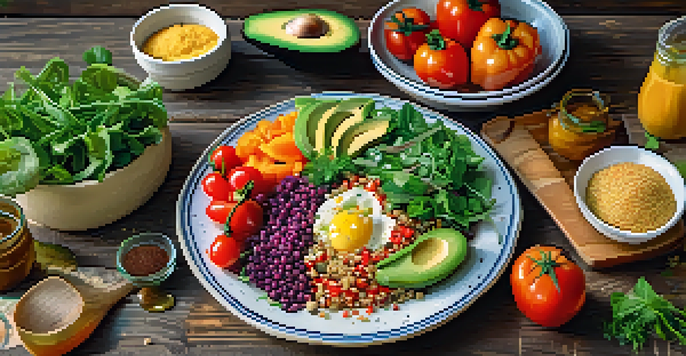 A colorful vegan meal spread on a rustic wooden table with various plant-based foods including quinoa salad and fresh vegetables, illuminated by soft natural light.