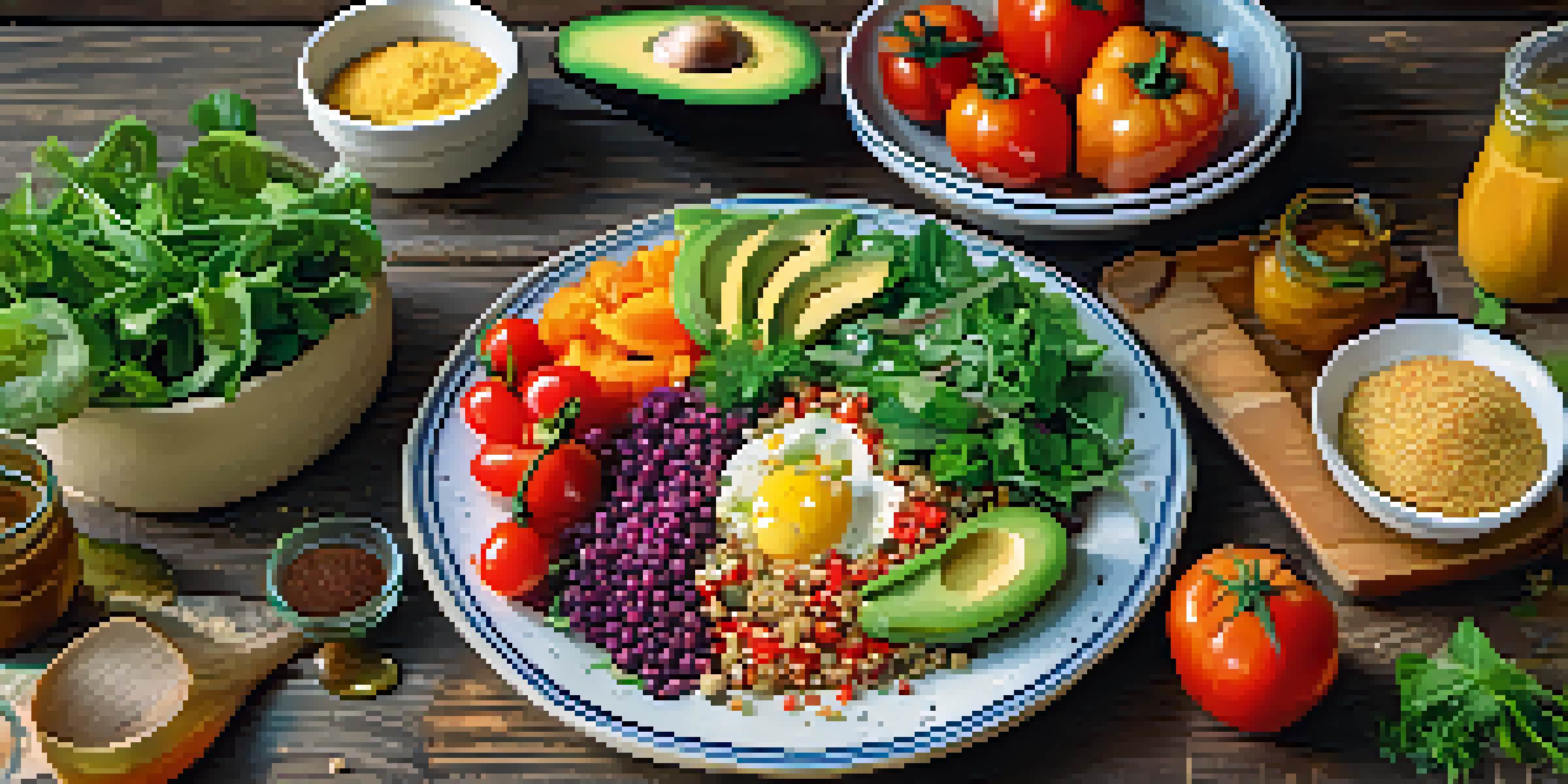 A colorful vegan meal spread on a rustic wooden table with various plant-based foods including quinoa salad and fresh vegetables, illuminated by soft natural light.