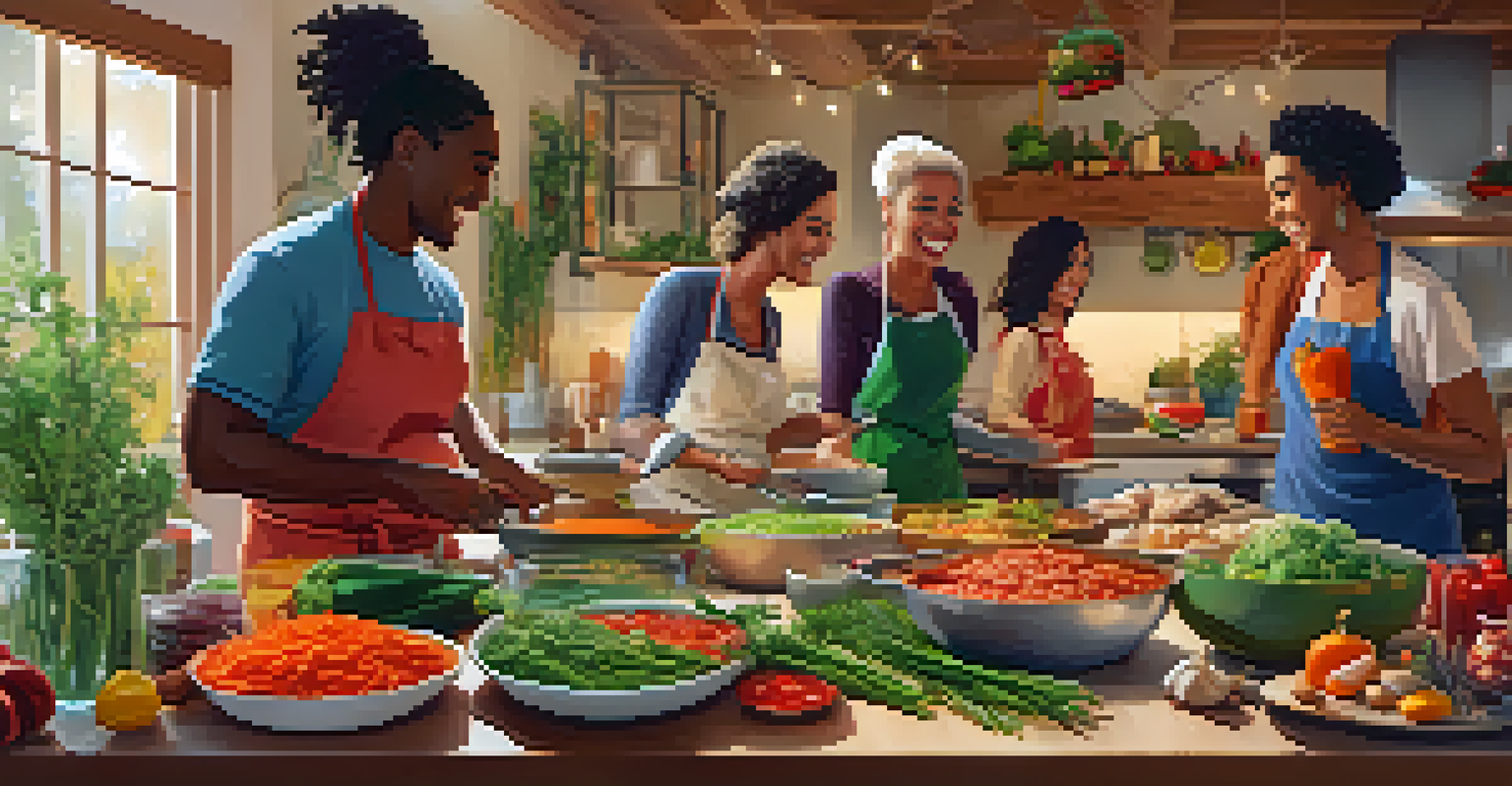 A warm kitchen scene filled with people preparing vegan holiday dishes together, surrounded by fresh ingredients.