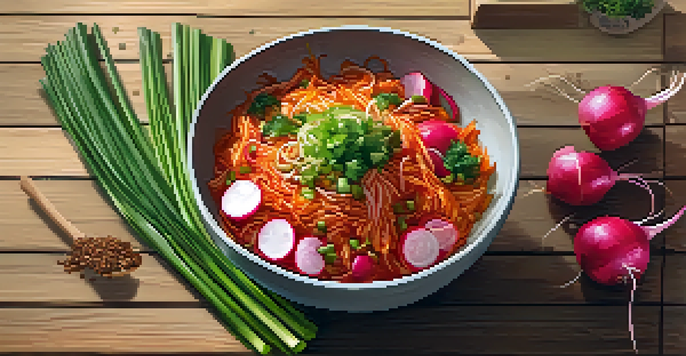 A bowl of vibrant vegan kimchi with colorful vegetables, including Napa cabbage and radishes, placed on a rustic wooden table, surrounded by fresh garlic and ginger.