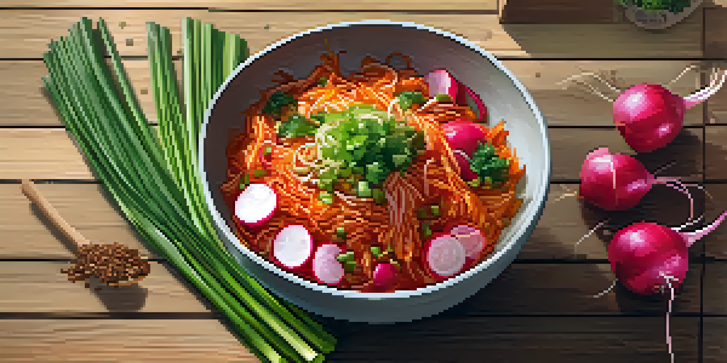 A bowl of vibrant vegan kimchi with colorful vegetables, including Napa cabbage and radishes, placed on a rustic wooden table, surrounded by fresh garlic and ginger.