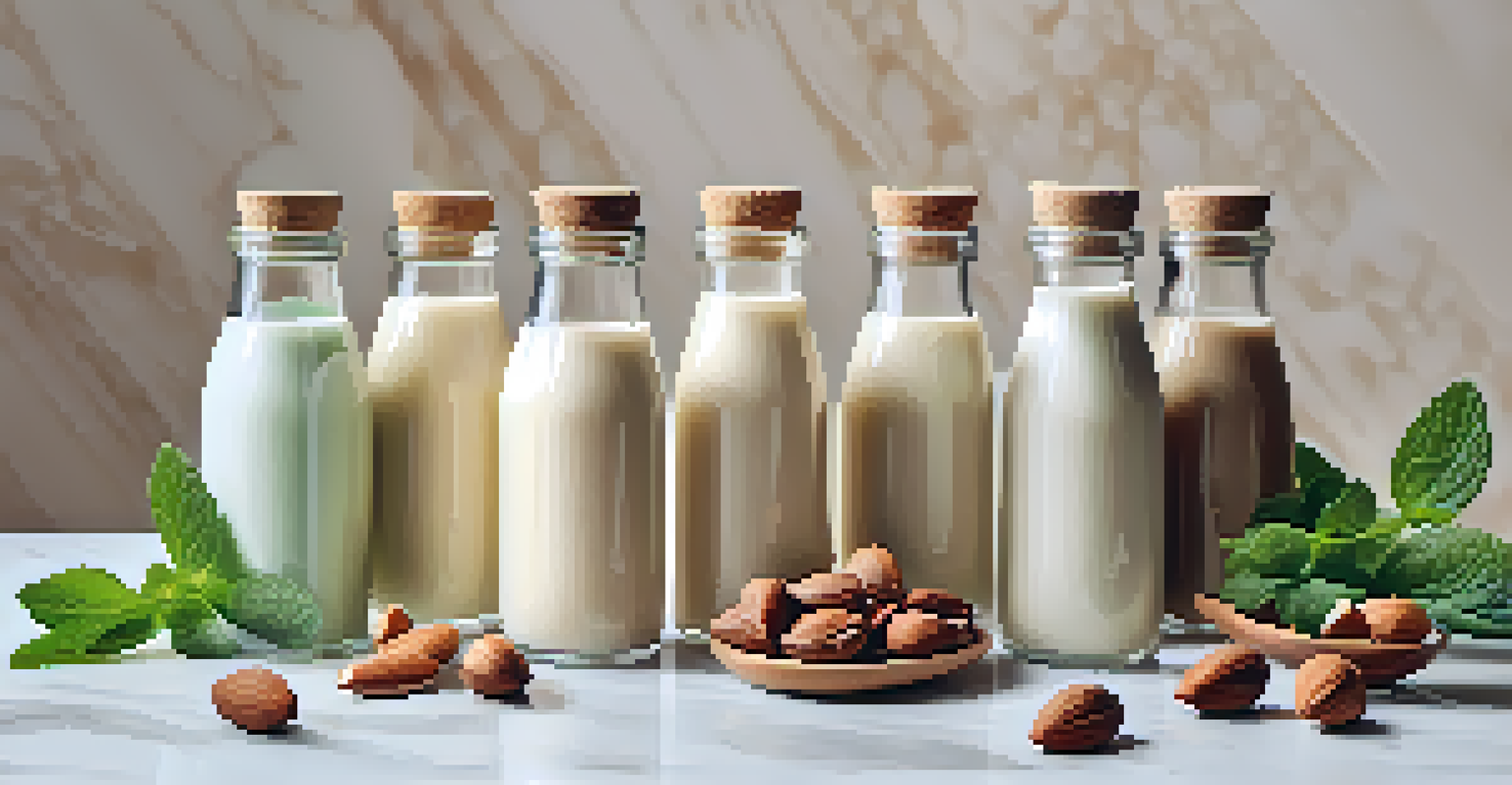 Flat lay of different nut milk creamers in glass bottles with fresh nuts and mint on a marble surface.