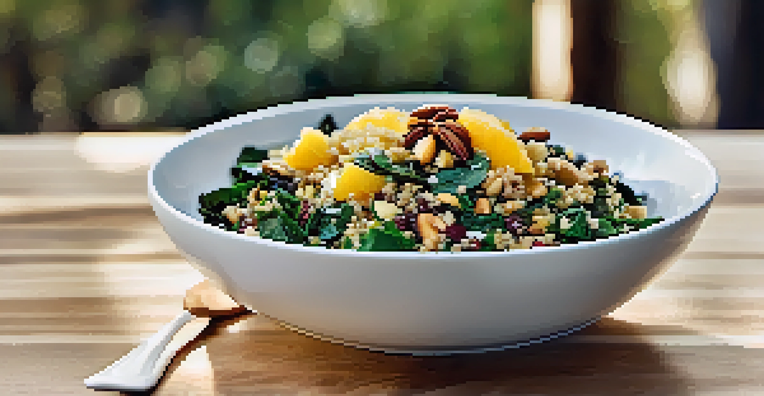 A deep white bowl filled with warm quinoa salad topped with greens, citrus segments, and nuts, on a wooden table.