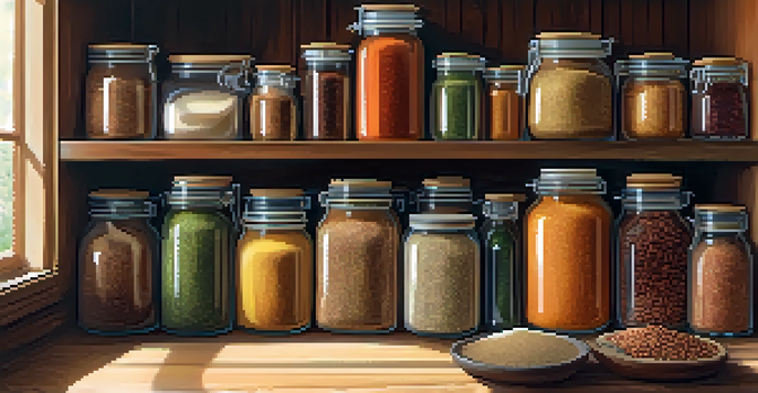 A bright kitchen pantry with colorful jars of grains and spices, illuminated by sunlight.