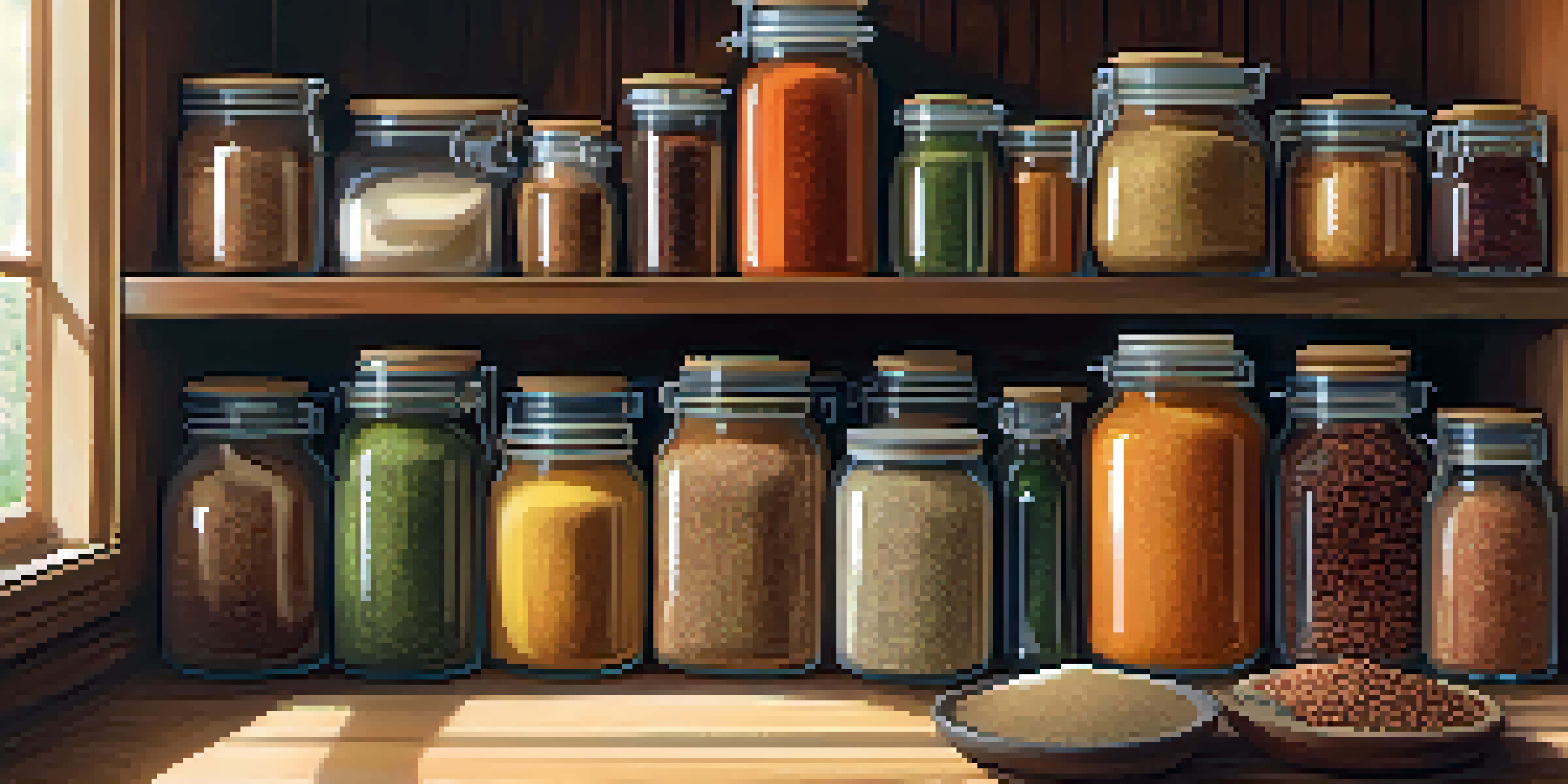 A bright kitchen pantry with colorful jars of grains and spices, illuminated by sunlight.