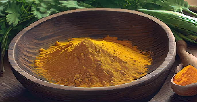 A close-up of turmeric powder in a wooden bowl with fresh turmeric roots and cilantro on a wooden surface, showcasing vibrant golden colors and textures.