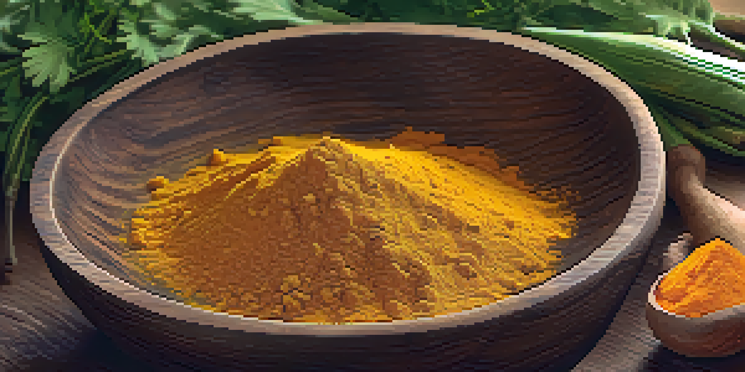 A close-up of turmeric powder in a wooden bowl with fresh turmeric roots and cilantro on a wooden surface, showcasing vibrant golden colors and textures.