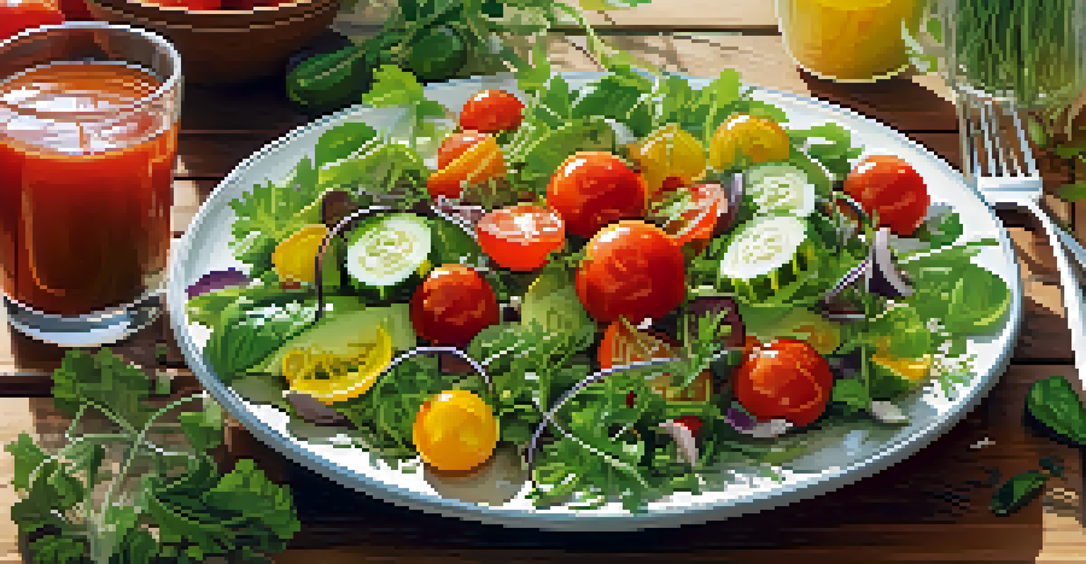 A fresh vegan salad with summer tomatoes and cucumbers in a glass bowl, surrounded by herbs and fruits, illuminated by afternoon light.