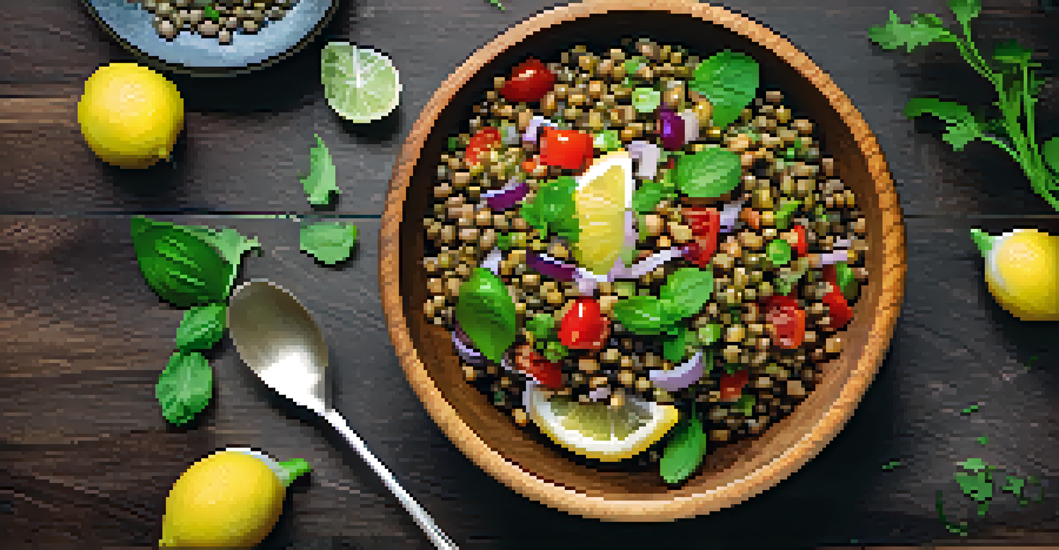 An overhead view of a lentil salad in a wooden bowl, featuring colorful vegetables and basil, with lemon wedges around it.