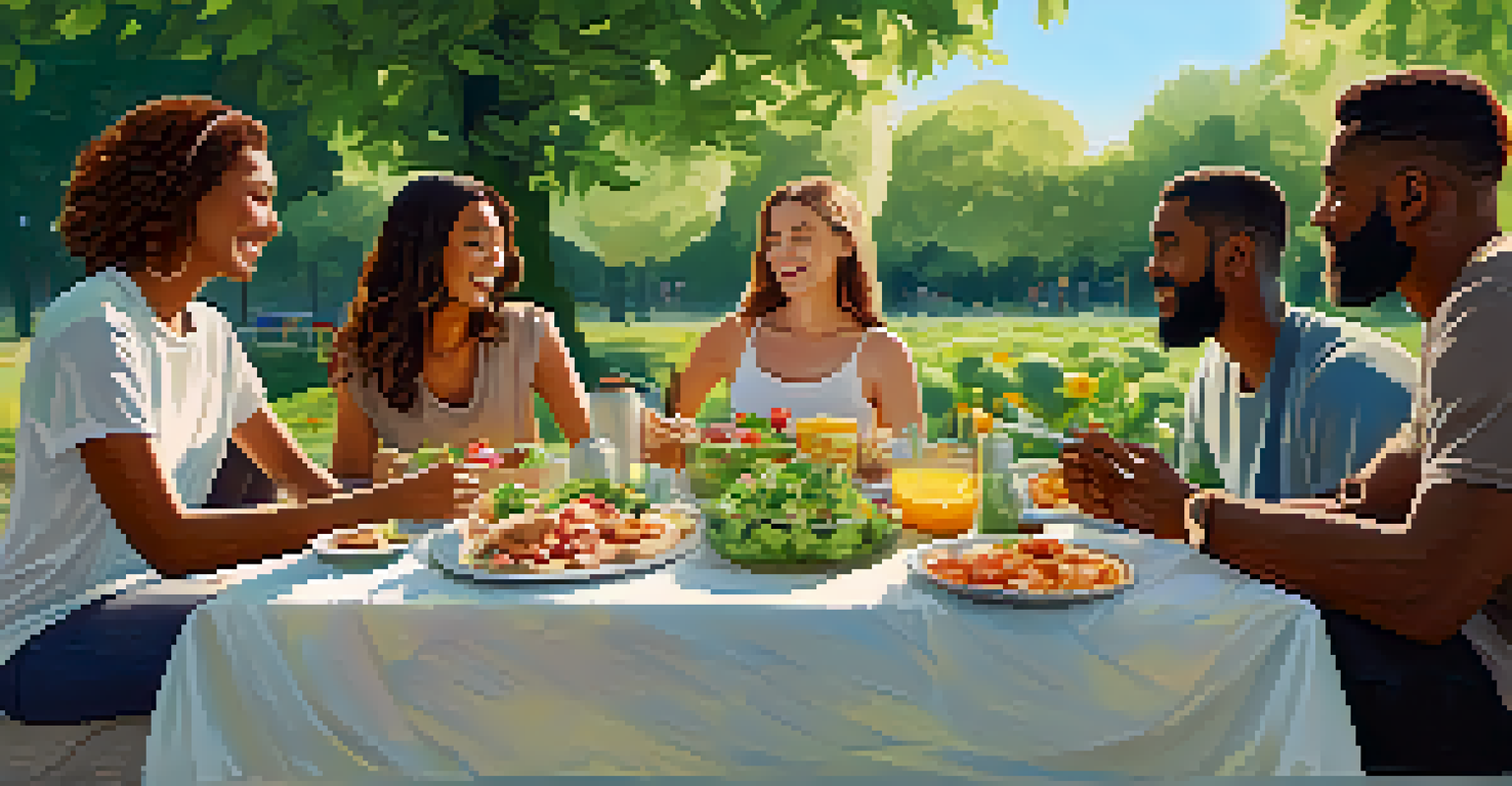 A group of friends enjoying a plant-based picnic in a sunny park surrounded by nature.