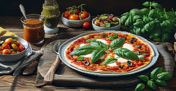 A vibrant vegan spread including Margherita pizza, minestrone soup, and roasted vegetables, set on a rustic wooden table with soft lighting.