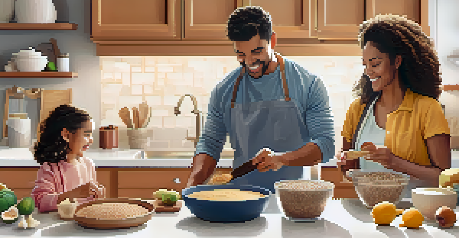 A family in a bright kitchen making energy bites with almond butter, dried figs, and chia seeds, surrounded by ingredients and mixing bowls.