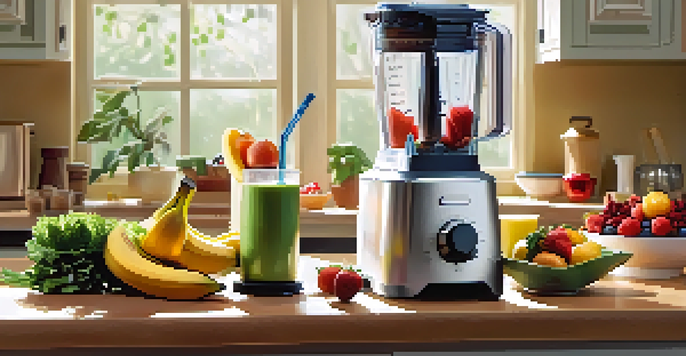 A modern kitchen with a blender blending a smoothie, surrounded by fresh fruits and vegetables under warm natural light.