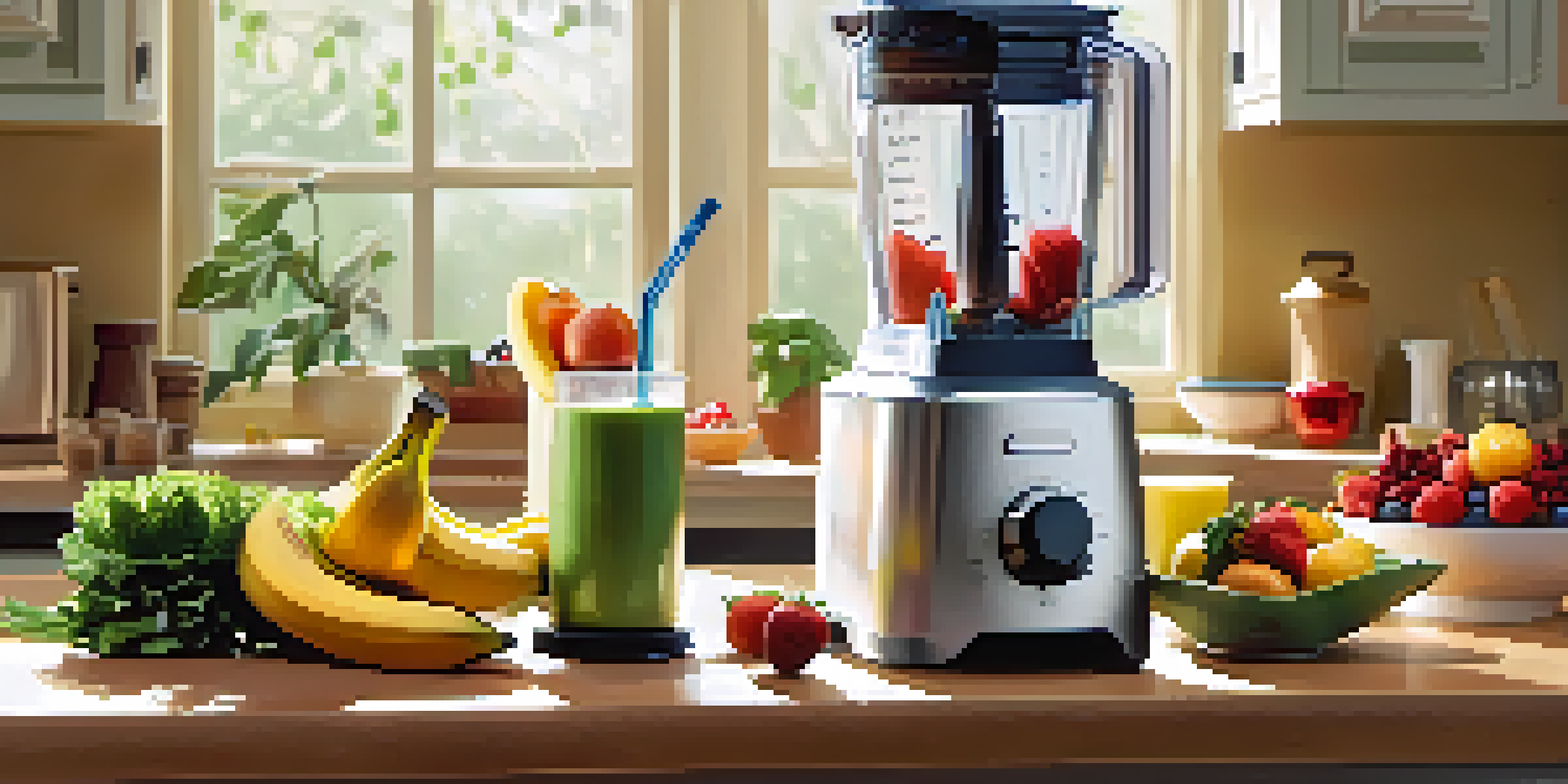 A modern kitchen with a blender blending a smoothie, surrounded by fresh fruits and vegetables under warm natural light.