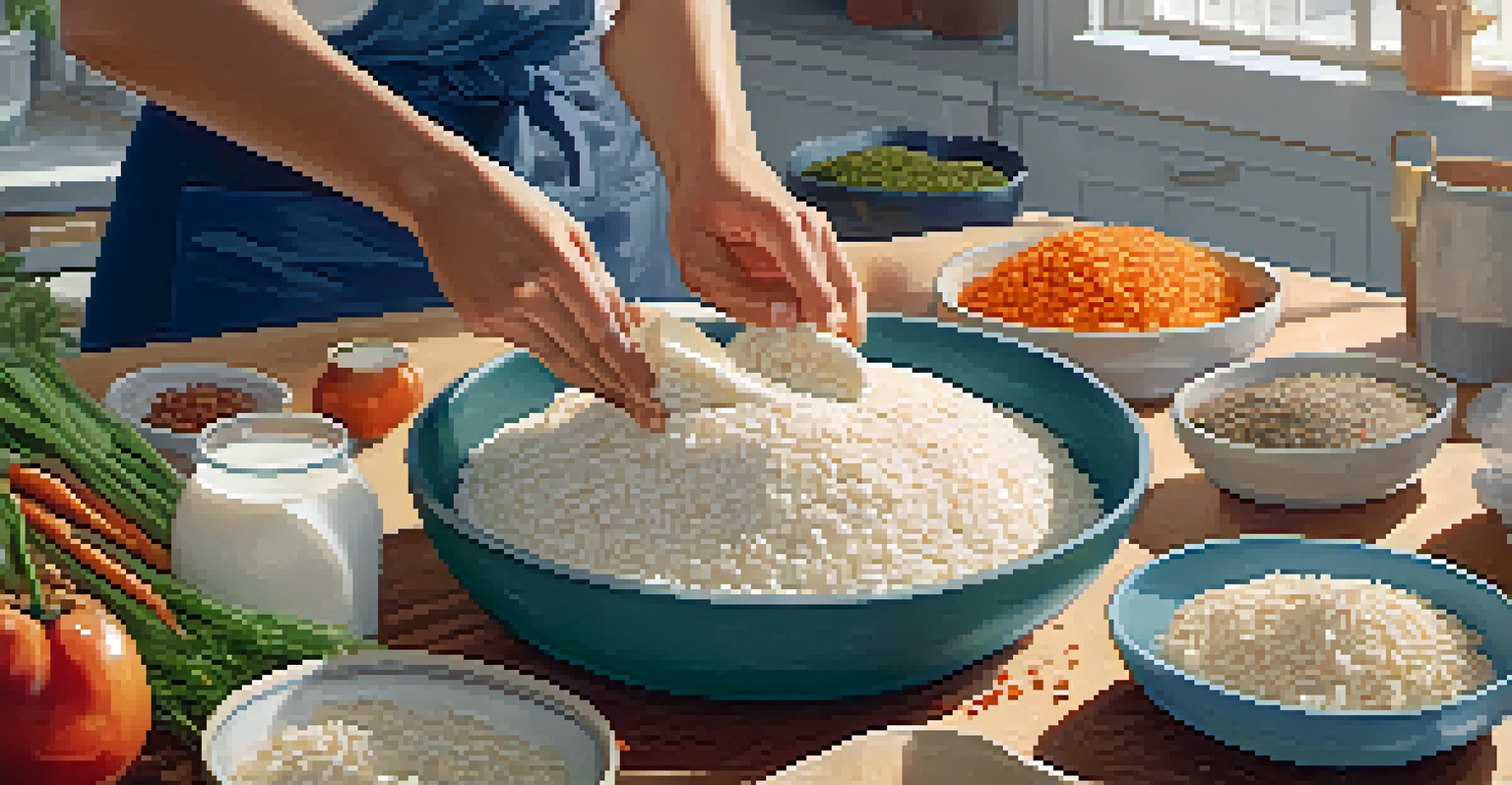 A close-up of hands shaping a mixture of rice and vegetables into patties for vegan rice cakes, with ingredients like rice flour and plant-based milk visible in the background.