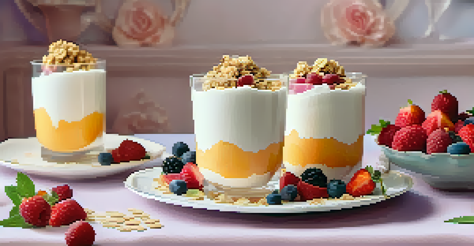 A dessert table with coconut yogurt parfaits layered with granola and fruits, decorated with flowers and candles.