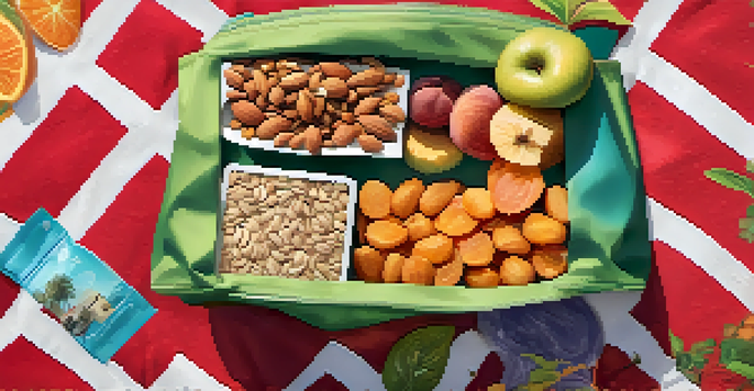 A colorful assortment of vegan snacks including dried fruits and nuts arranged in a reusable bag on a picnic blanket in a sunny park.
