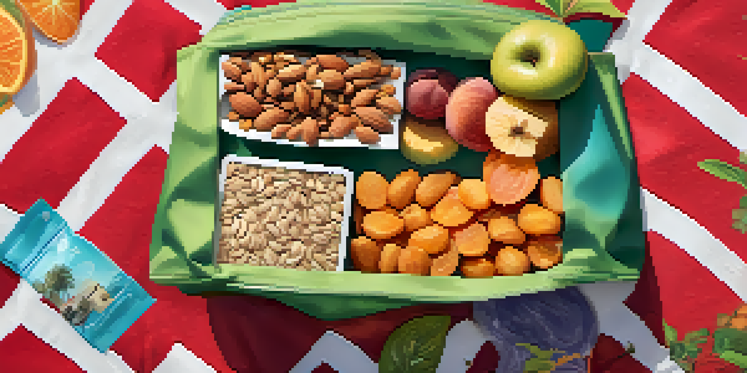 A colorful assortment of vegan snacks including dried fruits and nuts arranged in a reusable bag on a picnic blanket in a sunny park.